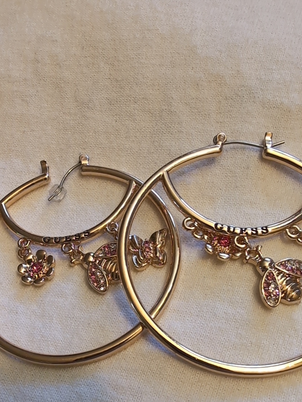 GUESS Gold-Tone Hoop Earrings with Pink Crystal Charms
